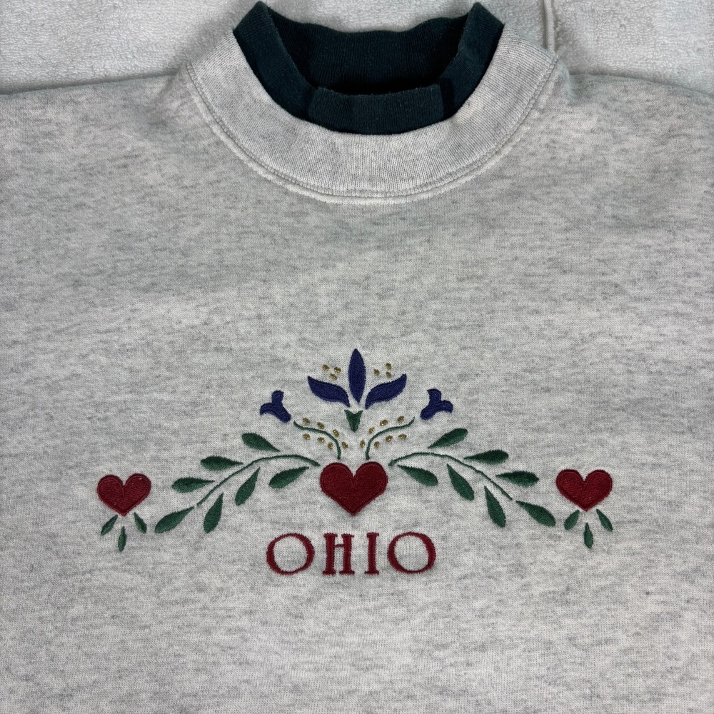 Ohio Sweatshirt Womens Medium Grey Embroidered Double Mock Neck Vintage 90s USA